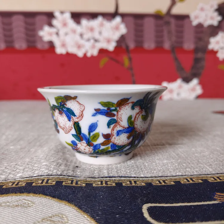 景德镇陶瓷手绘斗彩九桃五福寿桃主人杯红稀土柴窑压手杯品茗杯