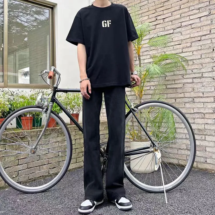 黑色微喇直筒牛仔裤男宽松高街潮流垂感黑色裤子男休闲百搭拖地裤