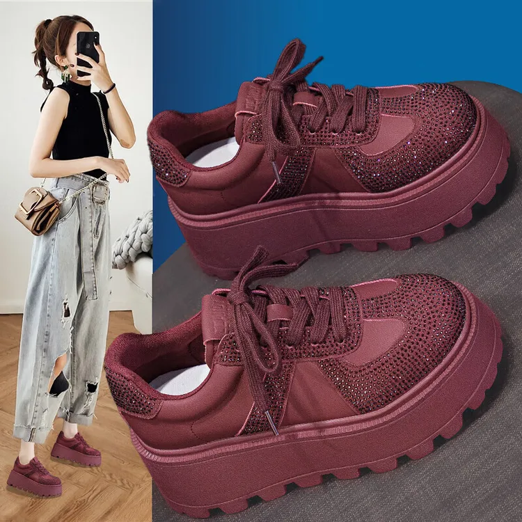 真皮德训鞋女2024秋季新款女鞋磨砂皮厚底内增高运动休闲板鞋水钻