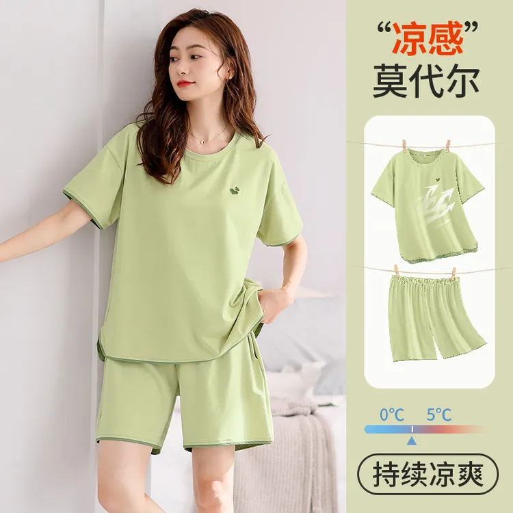 睡衣女款2025新款夏季带胸垫一体莫代尔短袖短裤女夏天家居服套装
