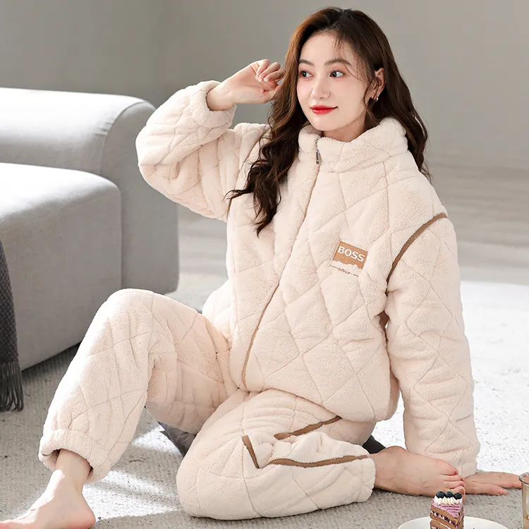 珊瑚绒棉睡衣女冬季加厚加绒三层夹棉冬款法兰绒家居服2024年新款