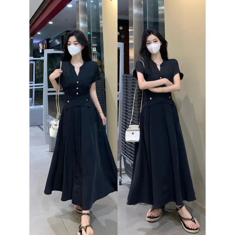 大码胖MM2024新款法式V领撞色扣子简约通勤显瘦收腰衬衫连衣长裙