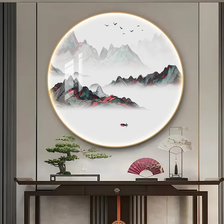 新中式入户玄关装饰画圆形山水画客厅茶室风景画过道办公室挂画