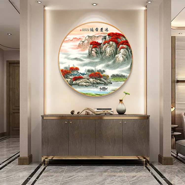 新中式鸿运当头玄关挂画圆形山水装饰画过道走廊客厅茶室风景画
