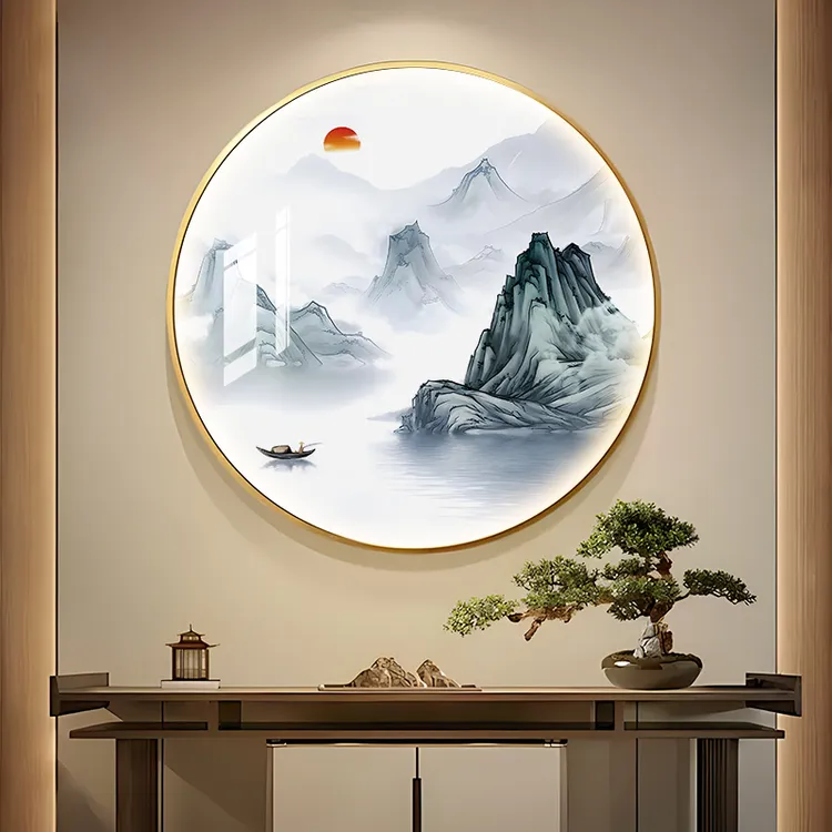 新中式意境山水装饰画入户玄关挂画走廊过道圆形挂画客厅茶室墙画
