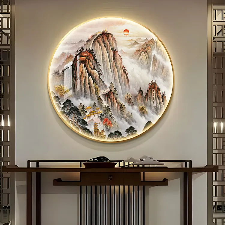 泰山日出新中式入户玄关装饰画圆形山水画客厅餐厅办公室背景墙画