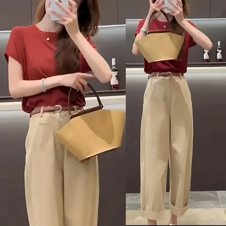 夏季新款韩版时尚针织条纹上衣百搭显瘦纯色高腰直筒9分休闲裤