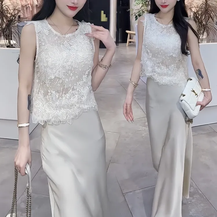 夏季法式清冷感蕾丝立体花朵拼接上衣优雅气质缎面长款修身包臀裙