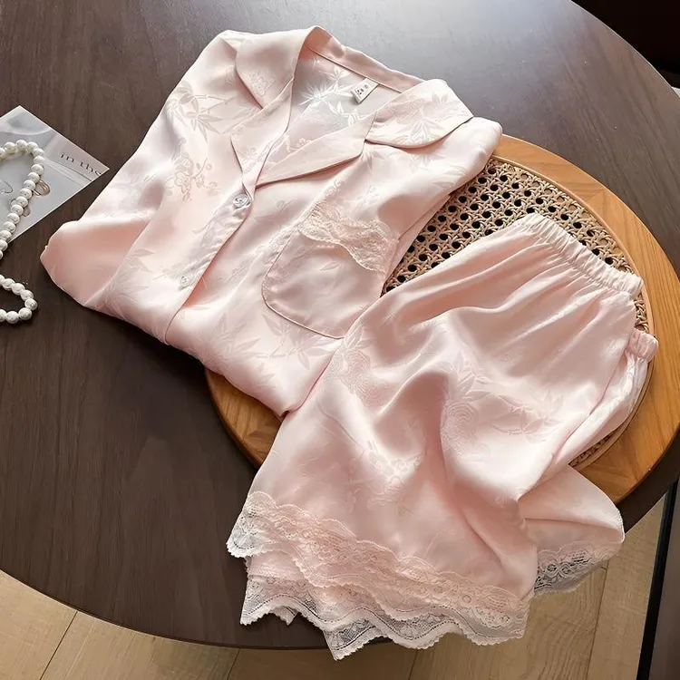 2024新款薄款夏季爆款冰丝高档蕾丝短袖洋气可外穿居家睡衣女套装
