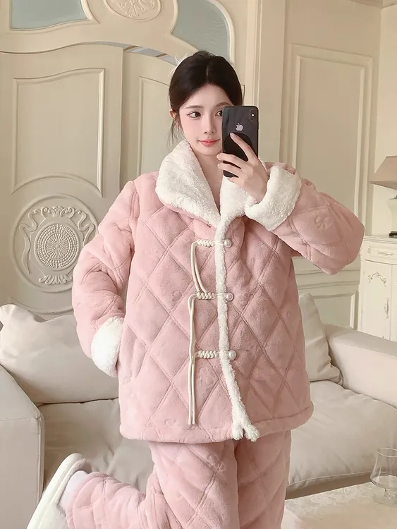 秋冬季国风睡衣女款三层加厚加绒夹棉珊瑚绒保暖可外穿家居服套装