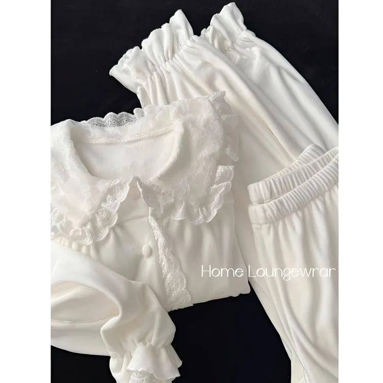 法式海岛绒新款睡衣女秋冬蕾丝开衫长袖长裤休闲可外穿甜美两件套