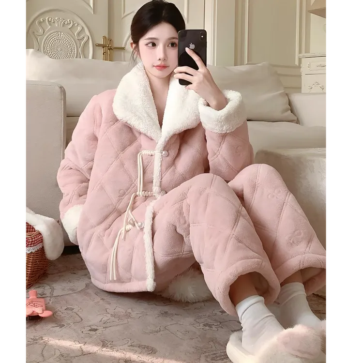 国风睡衣女款秋冬季三层加厚加绒夹棉珊瑚绒保暖可外穿家居服套装