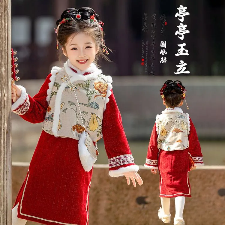 拜年服女童新年女宝旗袍套装过年衣服国风唐装汉服礼服冬季加绒厚