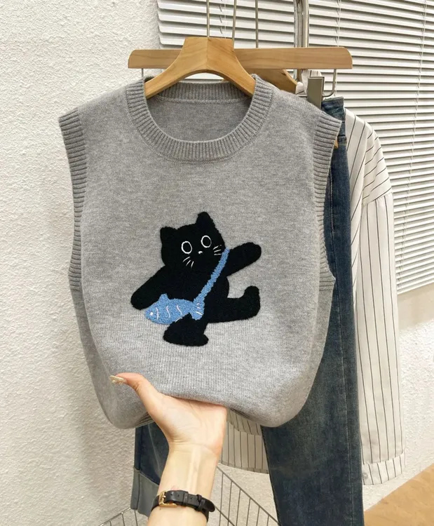 可爱减龄秋款针织毛衣马甲背心女经典刺绣小猫时尚百搭内搭马夹秋