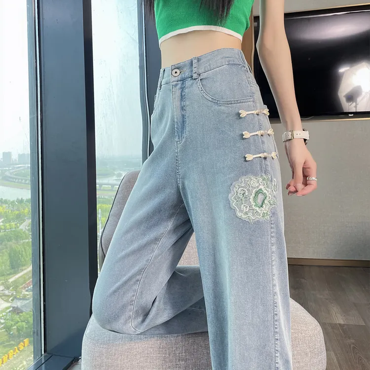 国风天丝牛仔裤女2025夏季薄款新款浅色新中式刺绣冰丝直筒显瘦