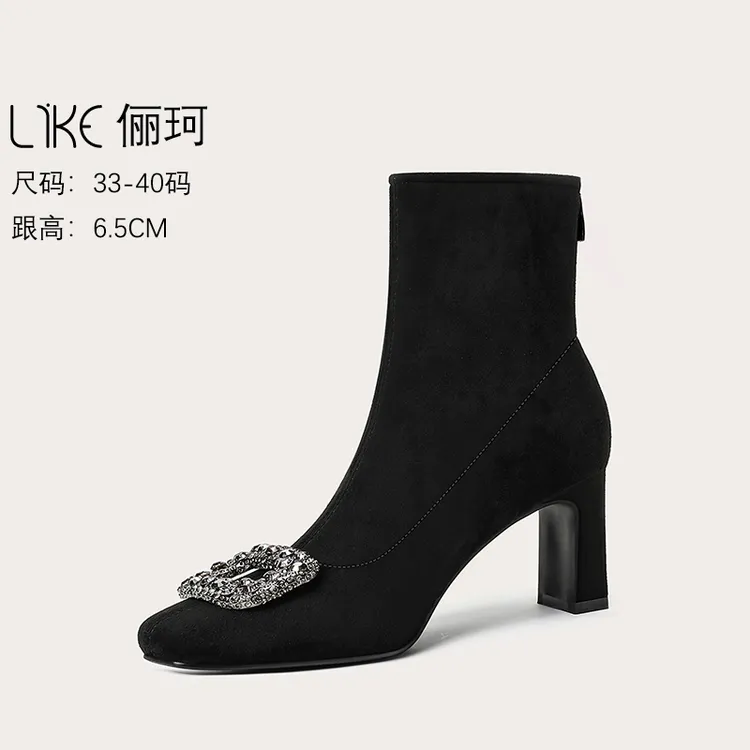 高跟短靴子女2025秋冬新款粗跟后拉链方头水钻方扣百搭时尚瘦瘦靴