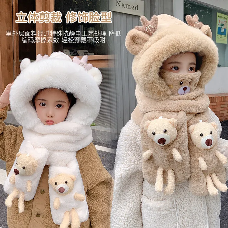 冬季卡通毛绒连帽围脖女冬天保暖手套三件套可爱鹿角帽子围巾一体