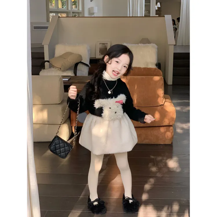 Bmy2025wt 冬季新款女童立体小狗蝴蝶结套头毛衣可爱毛毛短裙套装