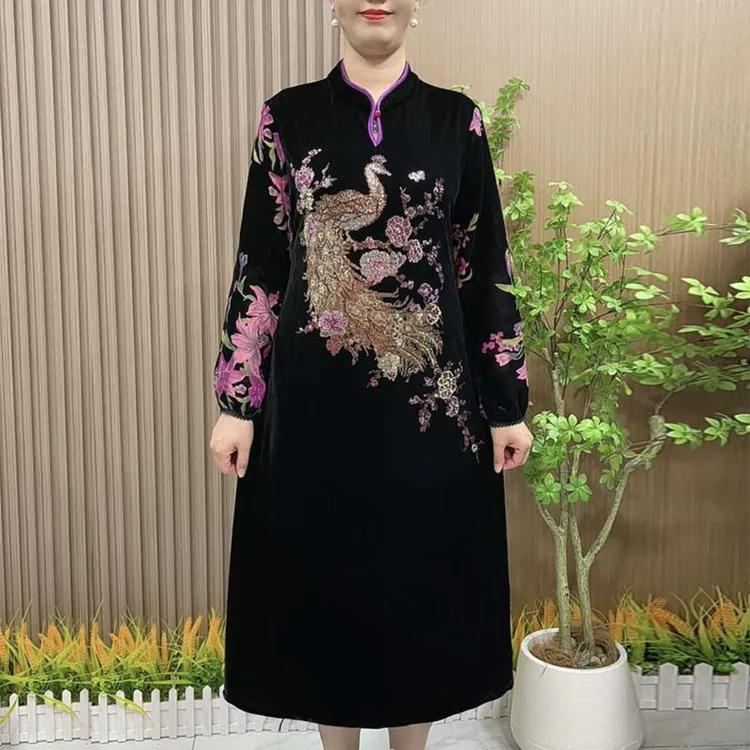 688妈妈秋冬高档丝绒连衣裙中长款中老年女装秋季李玲新中式裙子