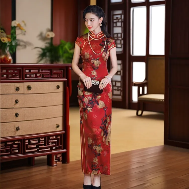 【渺汐】夏季高端桑蚕丝喜妈妈婚宴中国风旗袍复古修身日常走秀旗袍