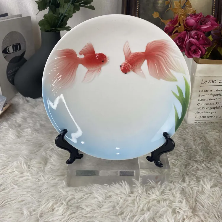 陶瓷中式珐琅瓷手绘小金鱼盘子精致实用创意