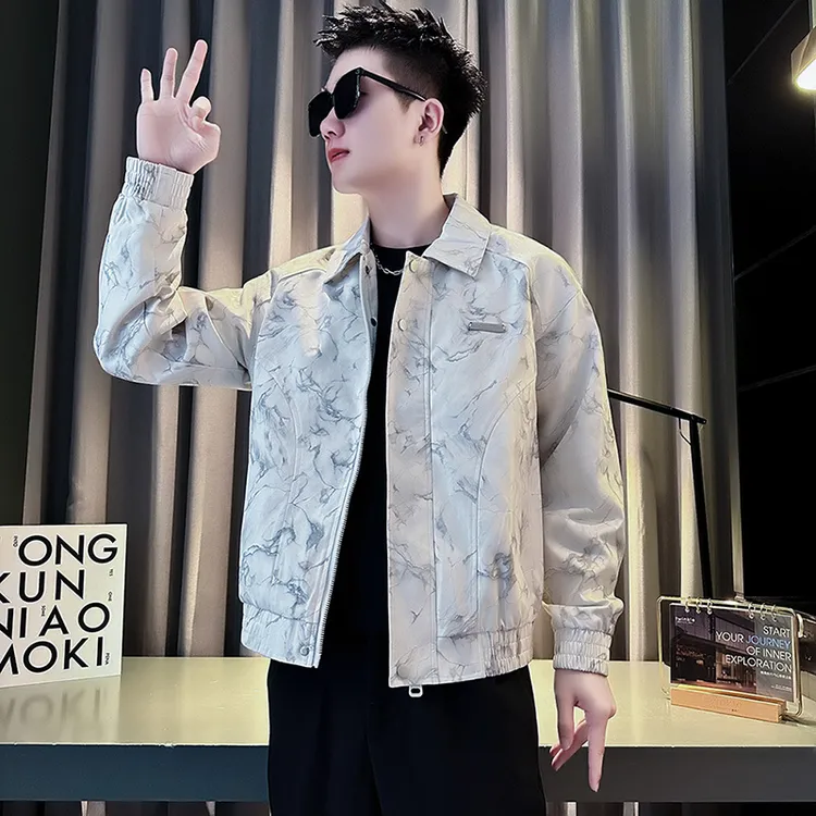 高级感扎染拼接夹克男士春秋款外套2024新款潮牌痞帅男装翻领外衣