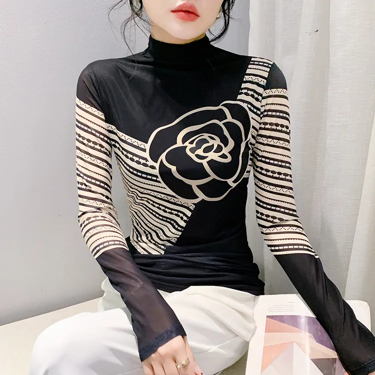 高领定位印花网纱上衣2024年秋季新款简约休闲百搭修身黑色长袖女
