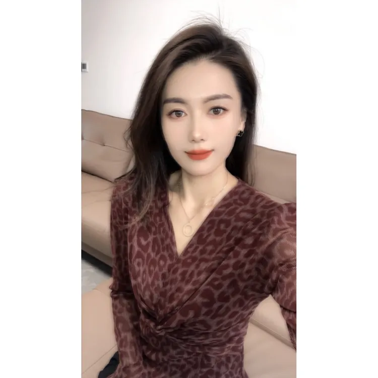 2025年冬季新款时尚豹纹印花网纱长袖上衣修身显瘦打底百搭T恤女 