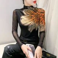 高领印花定位花网纱打底衫2024秋冬新款时尚洋气百搭长袖黑色T恤 