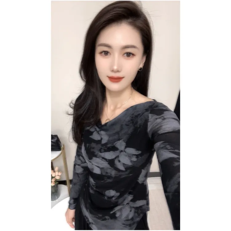 不规则上衣荡领印花网纱长袖T恤女2025年秋季新款时尚套头打底衫 