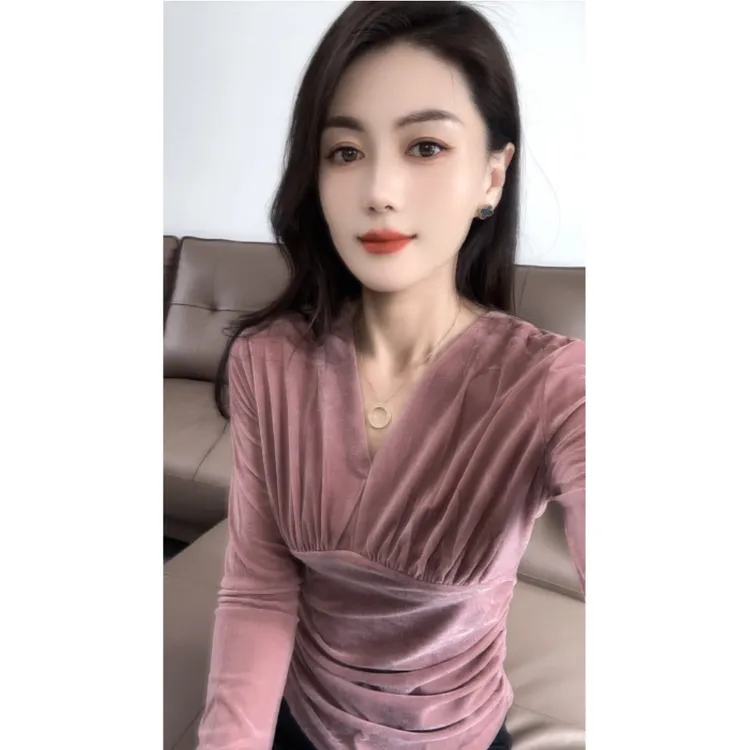 2025年春秋季新款欧货洋气v领网纱长袖T恤修身纯色显瘦百搭上衣女