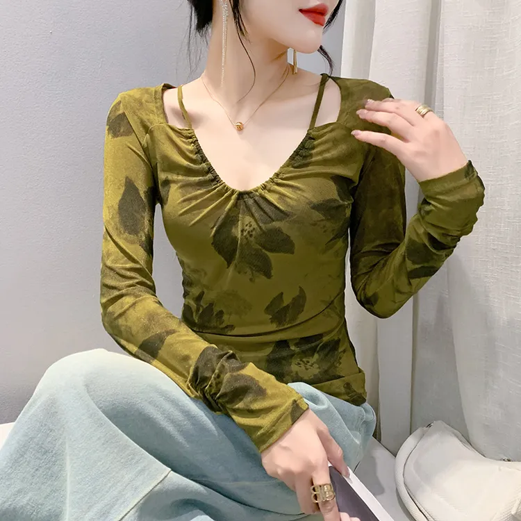 欧洲站2025年春季吊带v领印花弹力修身套头长袖进口网纱上衣女潮 