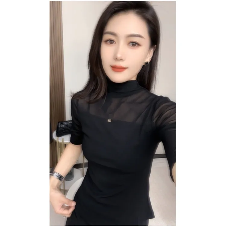 2025年夏季新款百搭纯色半高领中袖网纱t恤女时尚修身显瘦打底衫 