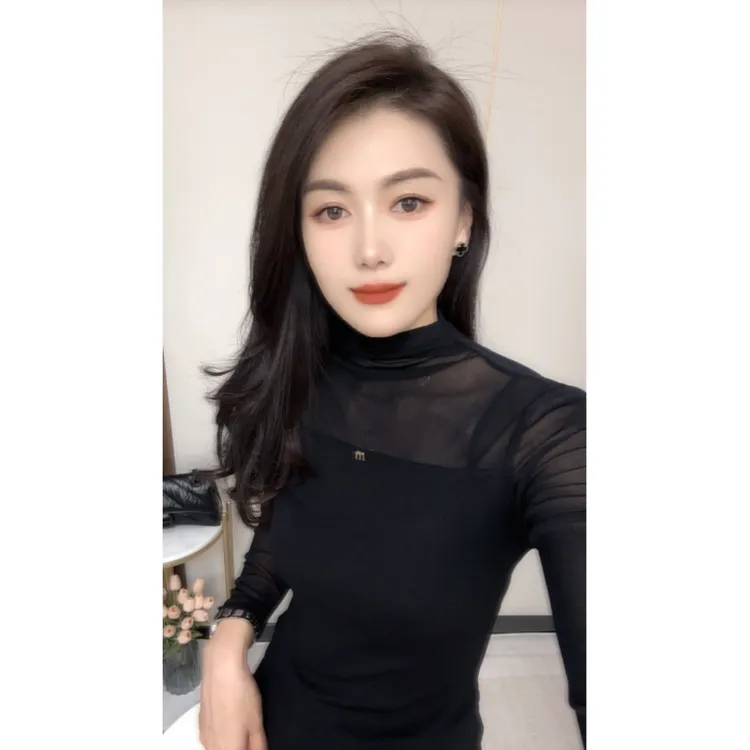 长袖夏季新款百搭长袖纯色半高领网纱t恤女时尚修身显瘦打底衫潮