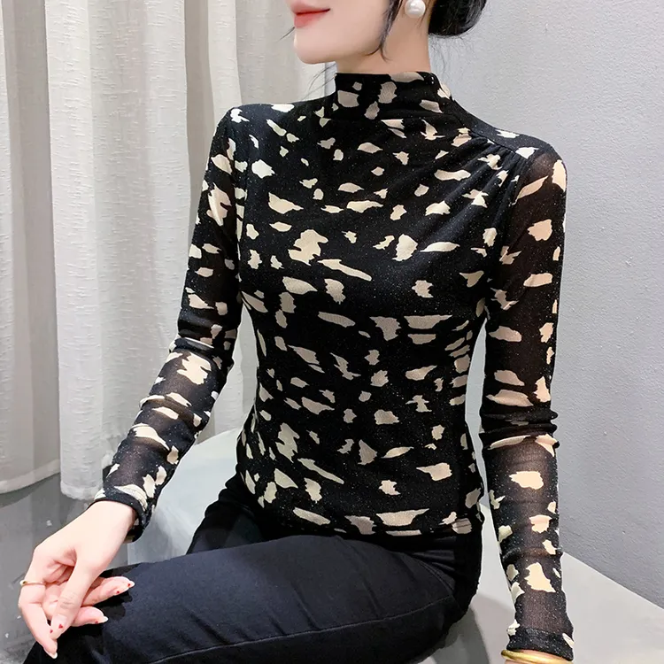 2024年秋季新款百搭长袖印花高领网纱t恤女时尚修身显瘦打底衫潮