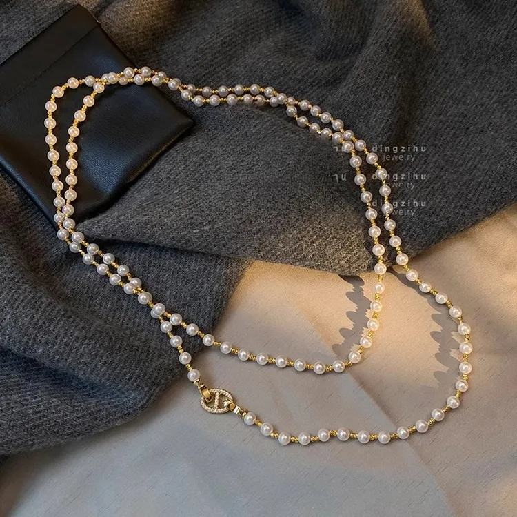 铜合金仿珍珠项链 长款双层叠戴珠珠项链秋冬气质毛衣链女士颈链