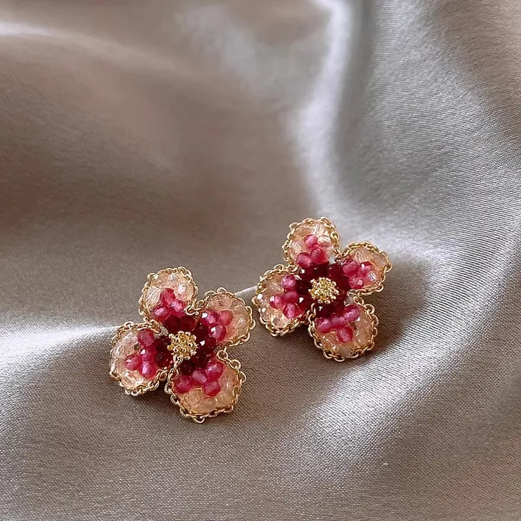 铜合金耳饰 春日花花 超仙粉色花朵耳环女925银针耳钉轻奢耳饰品 