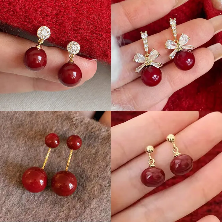 铜合金耳饰 适合过年 酒红色珠珠耳坠轻奢高级感喜庆耳环百搭耳钉