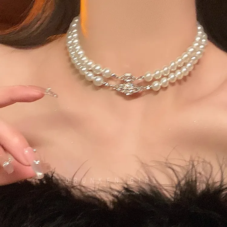 合金仿珍珠项链 双层珠珠项链女choker轻奢配饰多层小众锁骨颈链 
