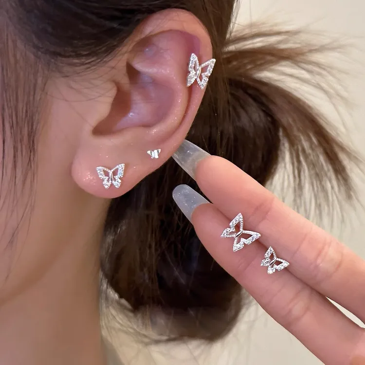 铜合金耳饰 3件套 925银针蝴蝶耳钉女锆石耳骨钉耳环2024新款耳饰