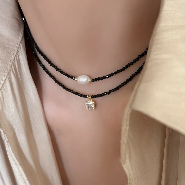 铜合金项链 黑色珠珠锁骨链简约复古项链小众串珠choker颈链配饰