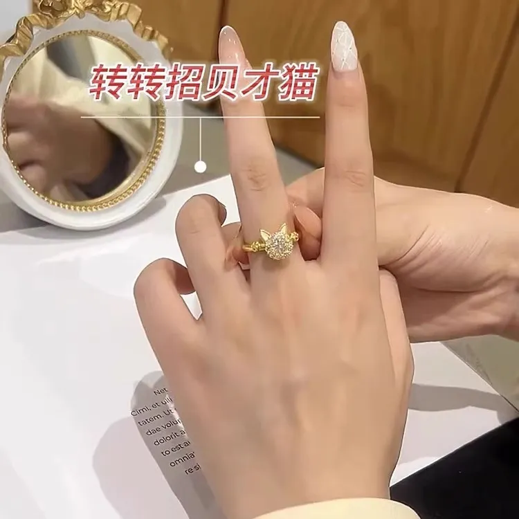 铜合金戒指 高级感转转招财猫可旋转开口戒指女小众设计感食指戒