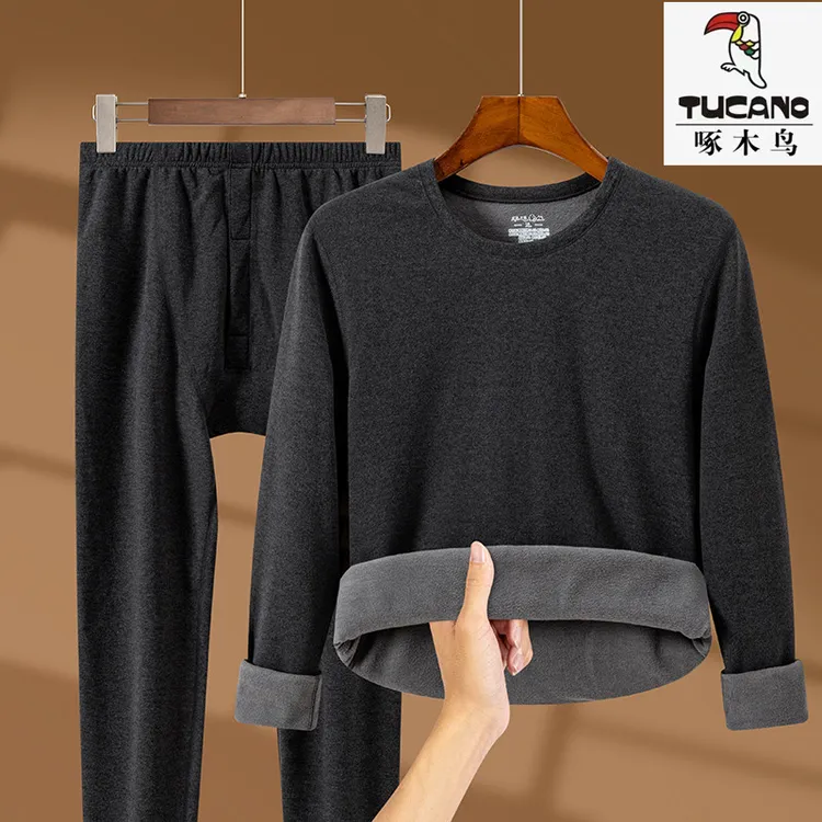 啄木鸟男士加绒保暖内衣套装冬季亲肤柔软内穿中青年圆领秋衣秋裤