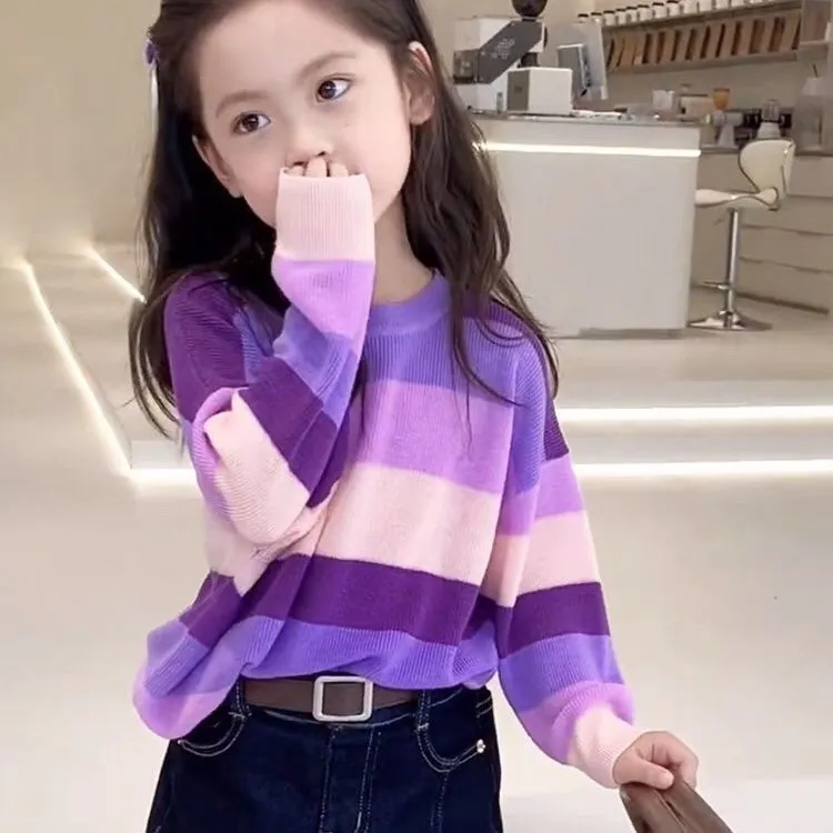新儿童公主风条纹百搭针织衫毛衣拼接超萌外穿美拉德森系国风网红