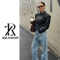 RZ定制款黑色短款垫肩皮衣