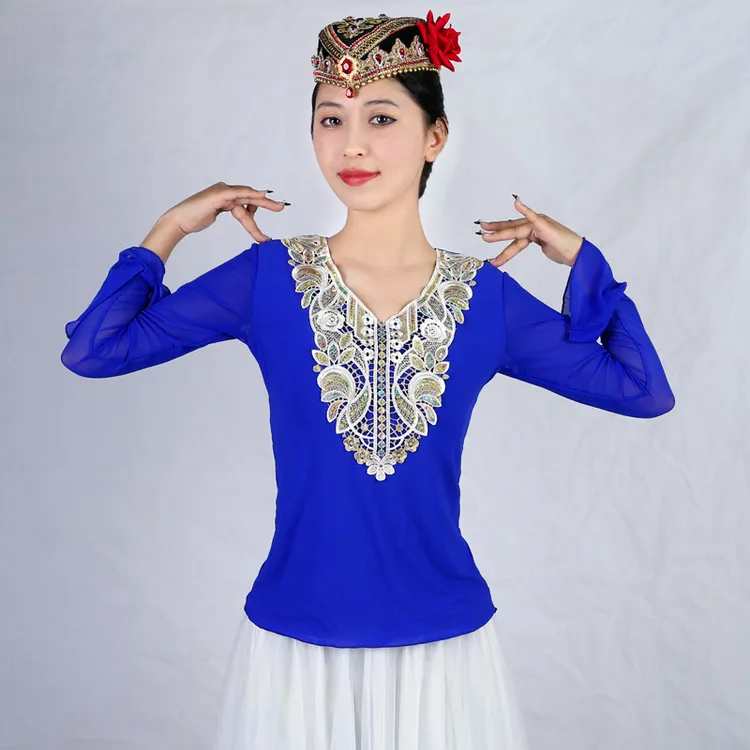 天翼美民族风艺考舞蹈生透气衣服贴花喇叭袖上衣