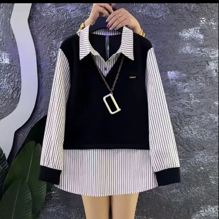 秋冬大码女装空气棉拼接条纹假两件宽松洋气休闲衬衫（没有挂件）