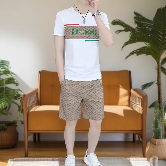 棉男士休闲夏季圆领烫钻欧版套装运动帅气宽松百搭半袖薄款一套