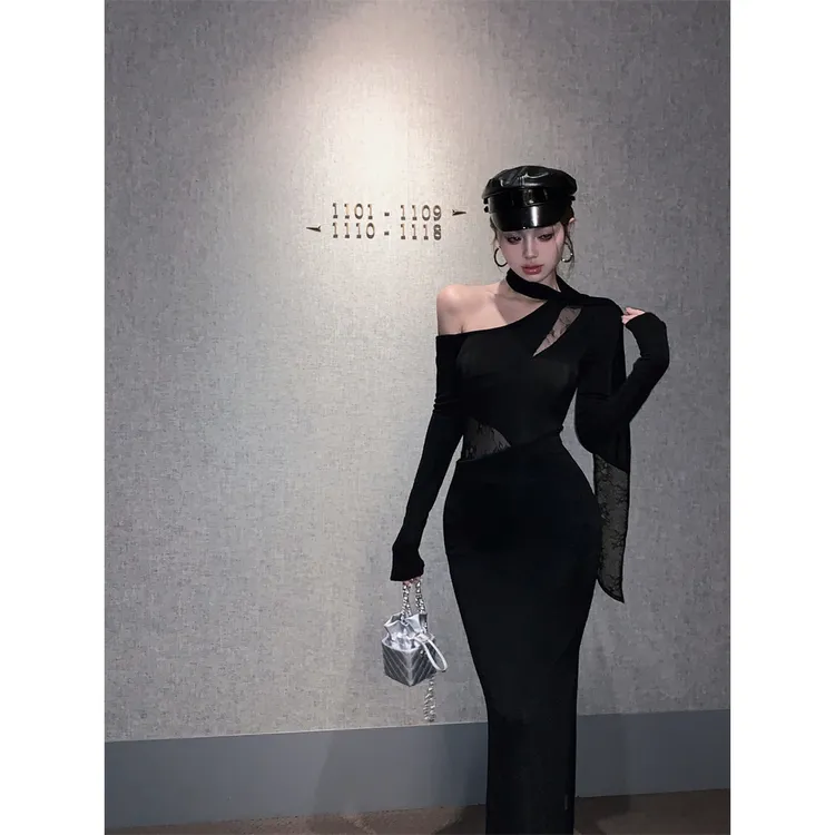 微光粼粼蕾丝拼接性感斜肩宴会针织修身长裙ZC60