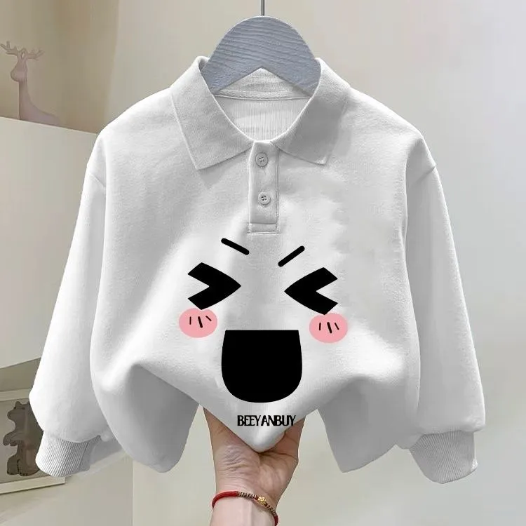 100%纯棉儿童POLO领长袖男女童T恤新款可爱印花百搭休闲纯棉上衣2